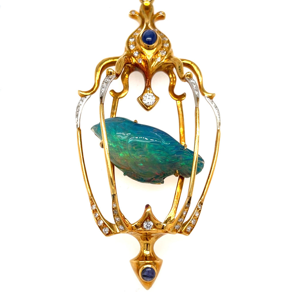 Balogh 18k Yellow Gold & Carved Opal Caged Bird Pendant w/ Star Sapphire, Diamonds