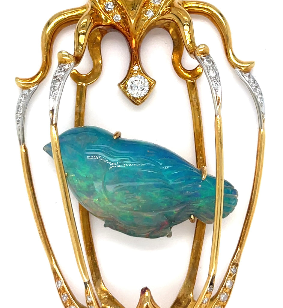 Balogh 18k Yellow Gold & Carved Opal Star Sapphire Caged Bird Pendant w/ Diamond Accents.