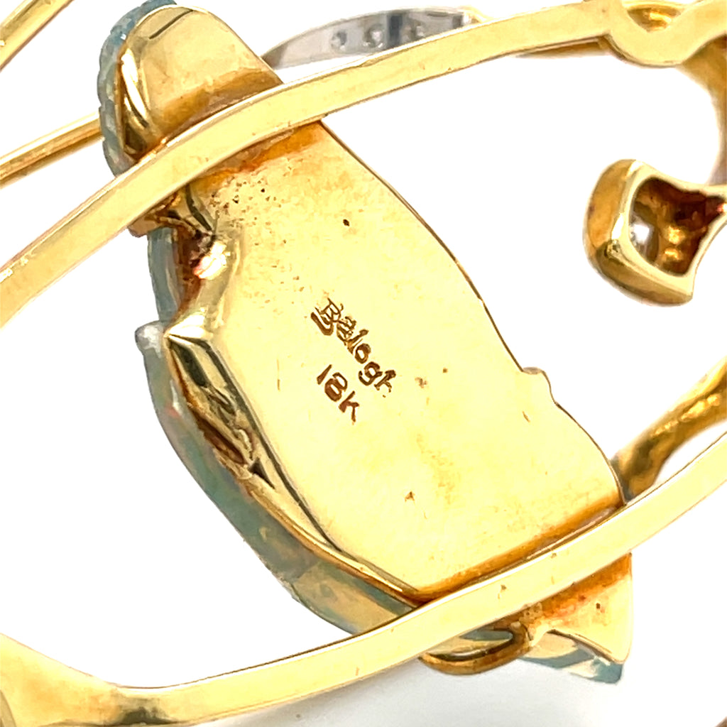 Balogh 18k Yellow Gold & Carved Opal Caged Bird Pendant w/ Star Sapphire, Diamonds