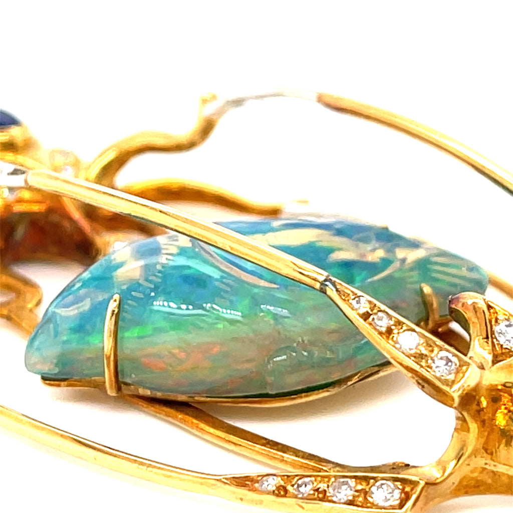 Balogh 18k Yellow Gold & Carved Opal Caged Bird Pendant w/ Star Sapphire, Diamonds