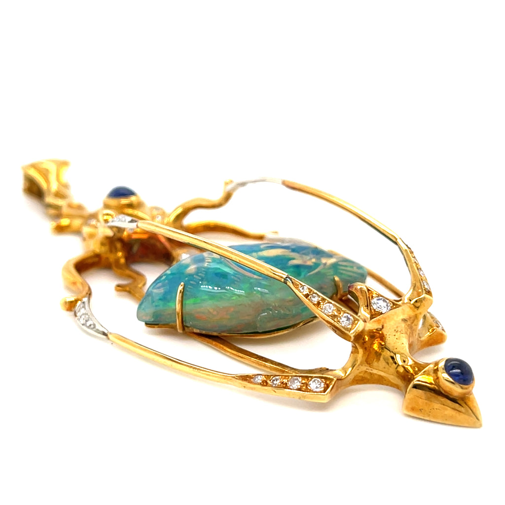 Balogh 18k Yellow Gold & Carved Opal Caged Bird Pendant w/ Star Sapphire, Diamonds