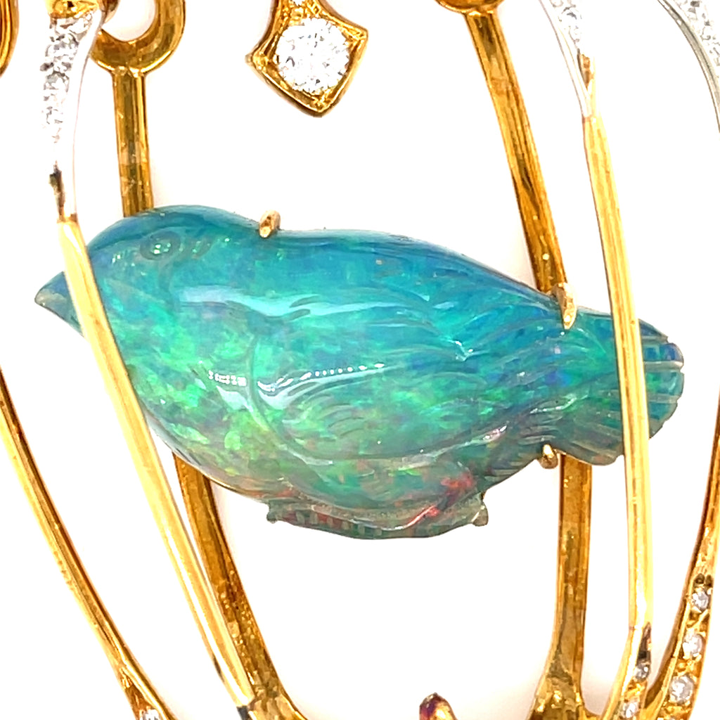 Balogh 18k Yellow Gold & Carved Opal Caged Bird Pendant w/ Star Sapphire, Diamonds