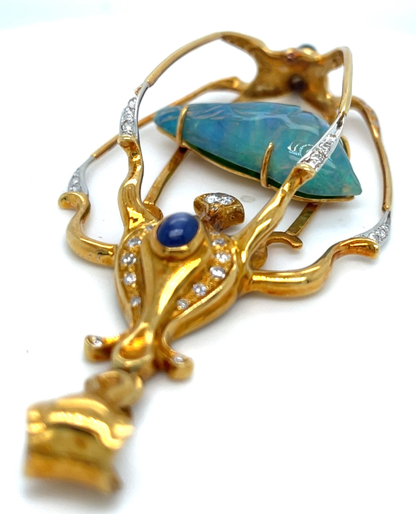 Balogh 18k Yellow Gold & Carved Opal Star Sapphire Caged Bird Pendant w/ Diamond Accents.