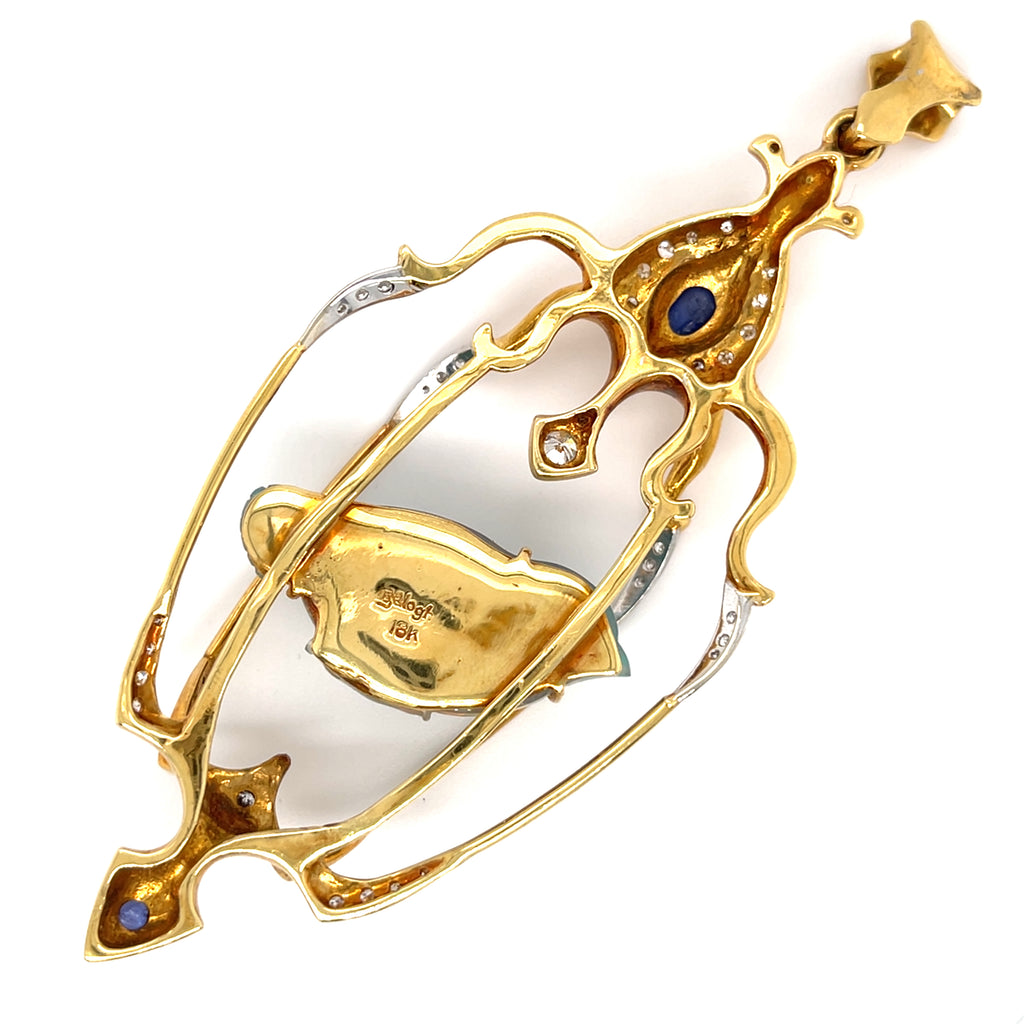 Balogh 18k Yellow Gold & Carved Opal Caged Bird Pendant w/ Star Sapphire, Diamonds