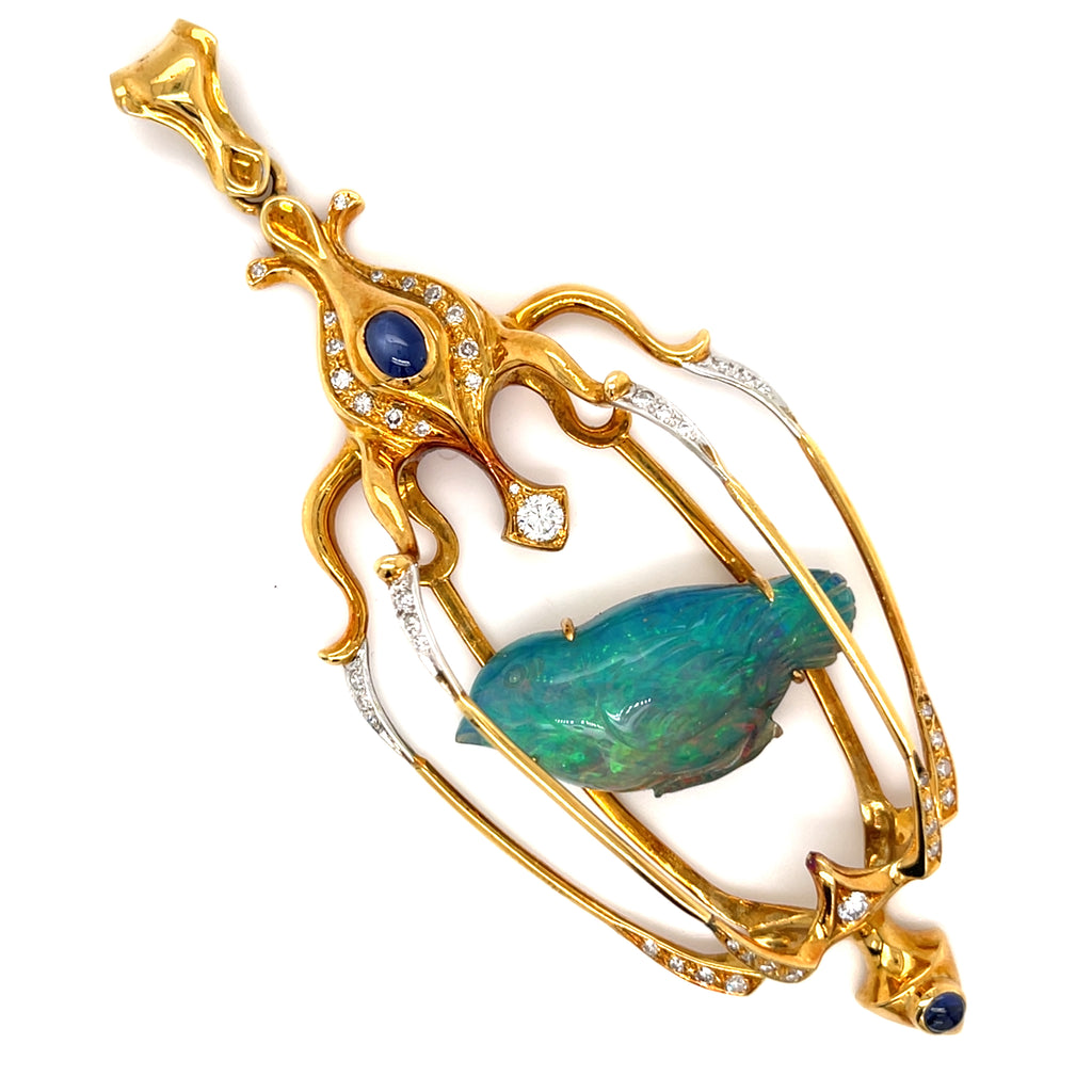 Balogh 18k Yellow Gold & Carved Opal Caged Bird Pendant w/ Star Sapphire, Diamonds