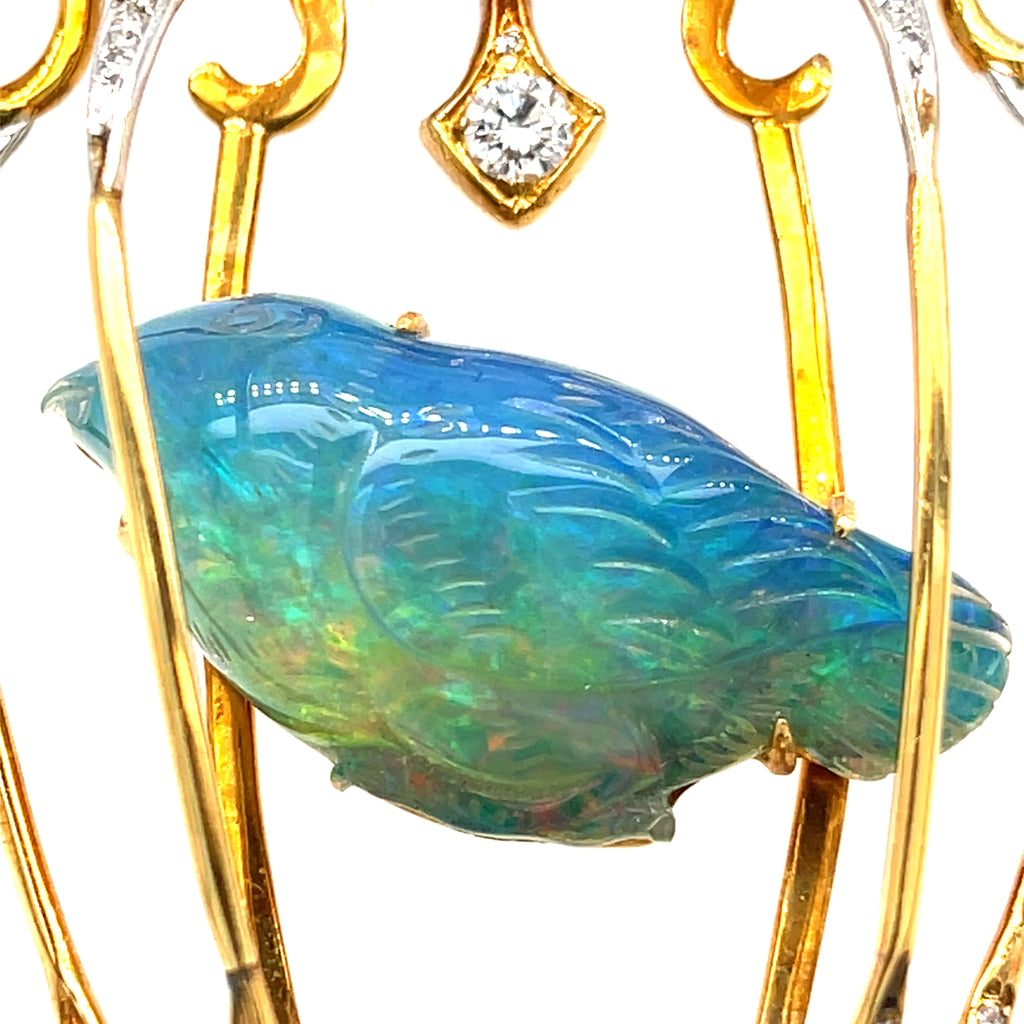 Balogh 18k Yellow Gold & Carved Opal Caged Bird Pendant w/ Star Sapphire, Diamonds