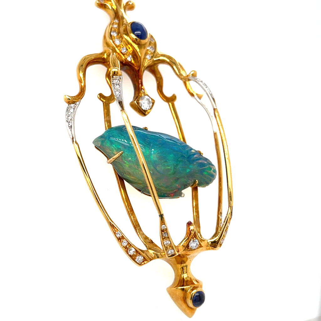 Balogh 18k Yellow Gold & Carved Opal Caged Bird Pendant w/ Star Sapphire, Diamonds