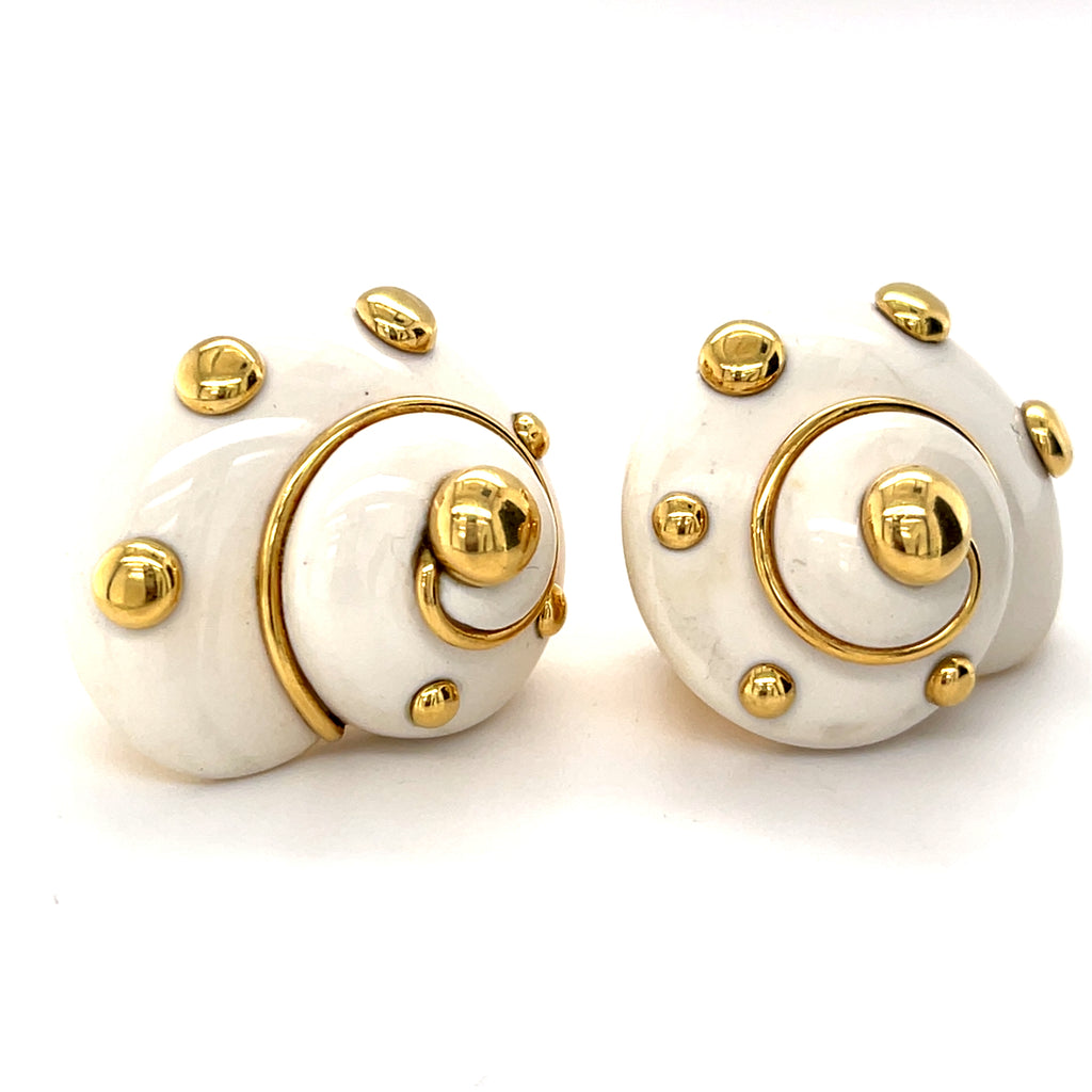 Verdura 18k Yellow Gold & Cachalong Opal Shell Clip-on Earrings, 26.7g