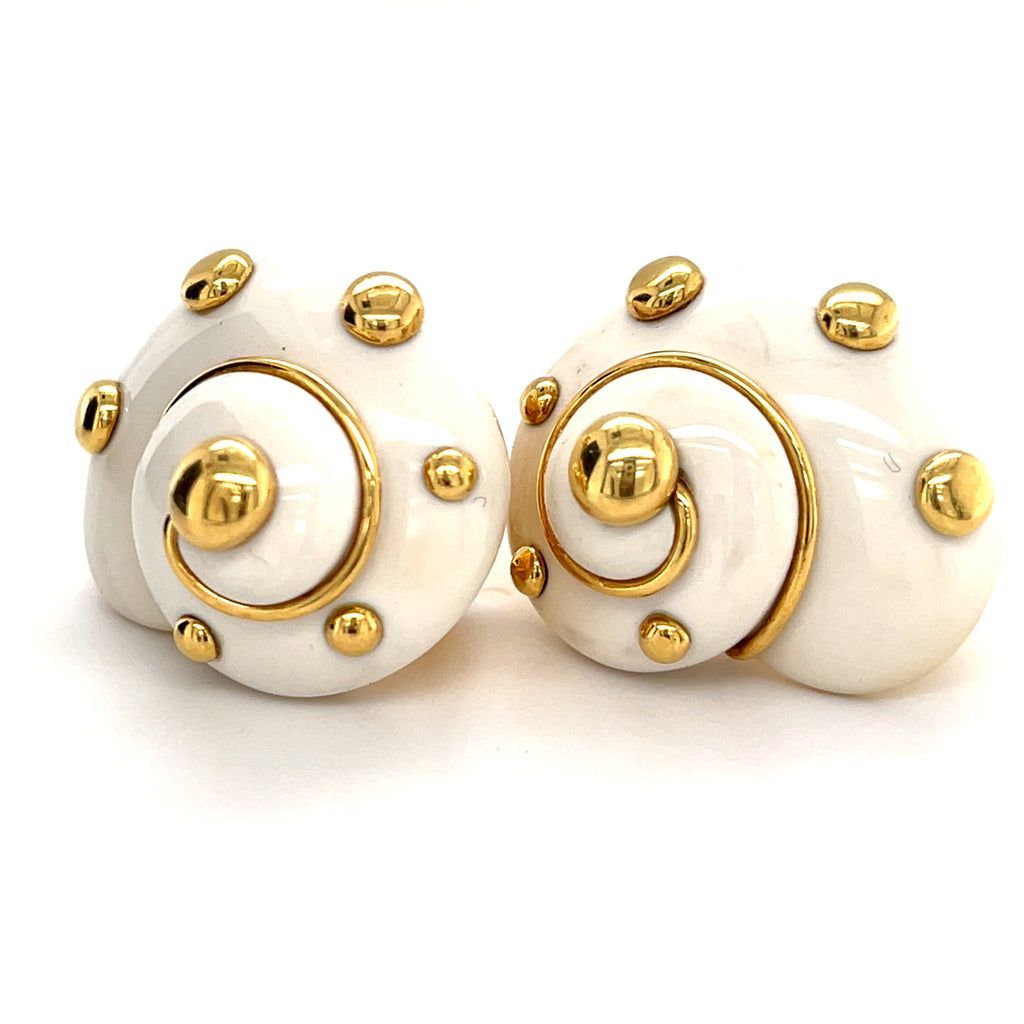 Verdura 18k Yellow Gold & Cachalong Opal Shell Clip-on Earrings, 26.7g