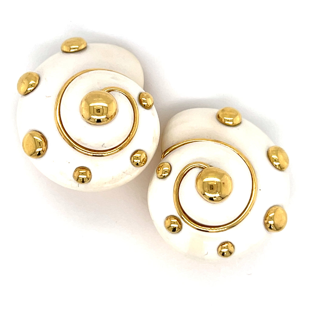 Verdura 18k Yellow Gold & Cachalong Opal Shell Clip-on Earrings, 26.7g