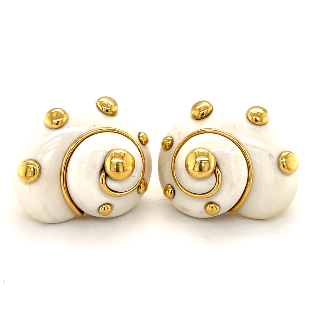 Verdura 18k Yellow Gold & Cachalong Opal Shell Clip-on Earrings, 26.7g