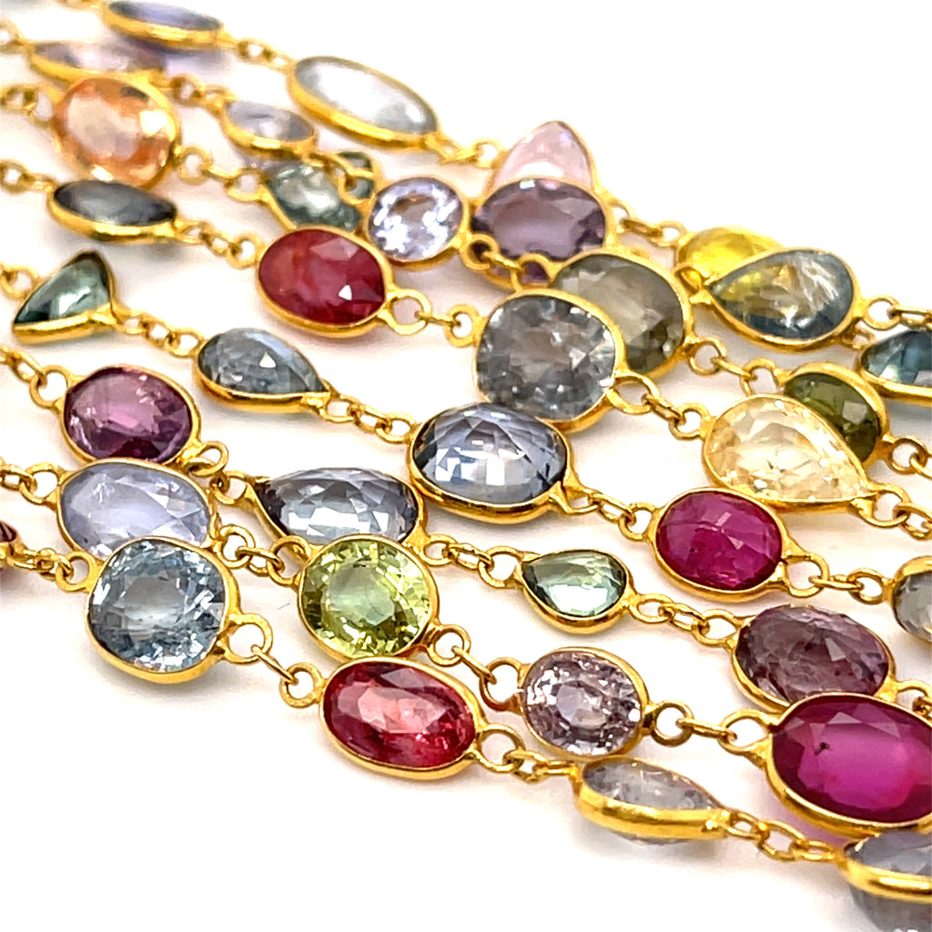 18k Yellow Gold & 120ct Multi-Color Sapphire Link Necklace, Length 76"