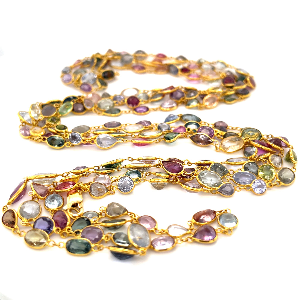 18k Yellow Gold & 120ct Multi-Color Sapphire Link Necklace, Length 76"