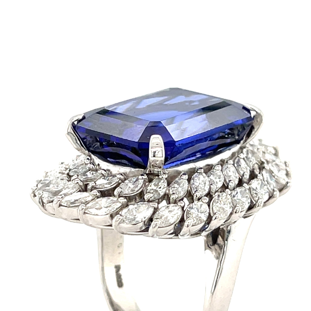 Platinum & 23.01ct Tanzanite Ring w/ 3.76ct Marquise Diamond Double Bezel, Size 6.5