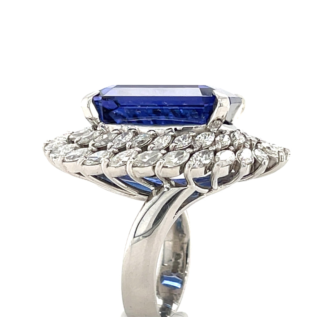 Platinum & 23.01ct Tanzanite Ring w/ 3.76ct Marquise Diamond Double Bezel, Size 6.5