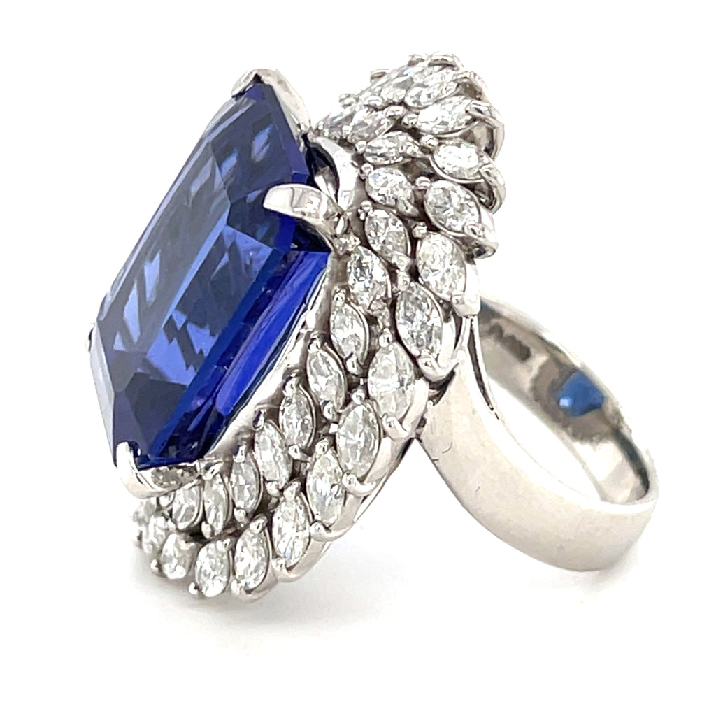 Platinum & 23.01ct Tanzanite Ring w/ 3.76ct Marquise Diamond Double Bezel, Size 6.5