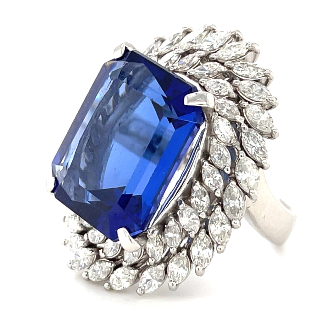 Platinum & 23.01ct Tanzanite Ring w/ 3.76ct Marquise Diamond Double Bezel, Size 6.5