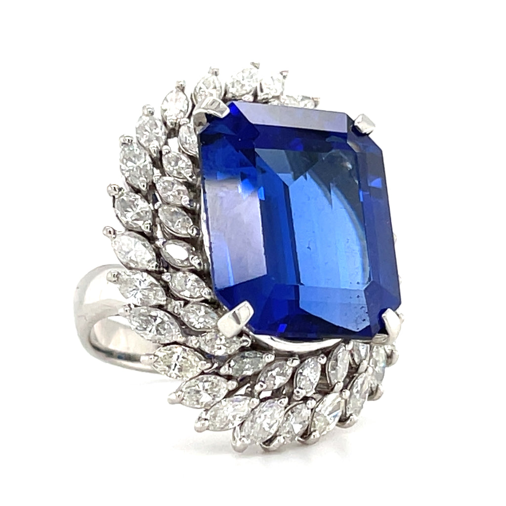 Platinum & 23.01ct Tanzanite Ring w/ 3.76ct Marquise Diamond Double Bezel, Size 6.5