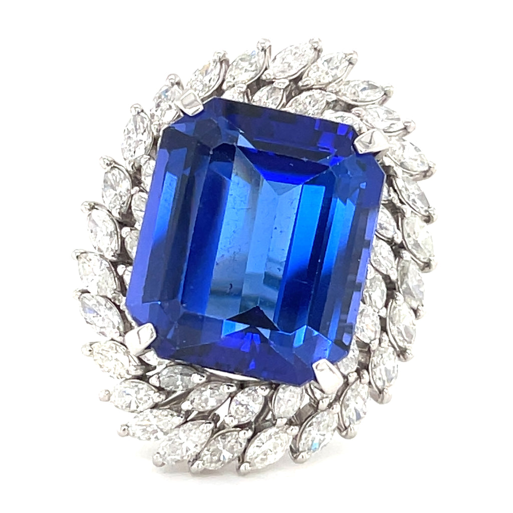Platinum & 23.01ct Tanzanite Ring w/ 3.76ct Marquise Diamond Double Bezel, Size 6.5