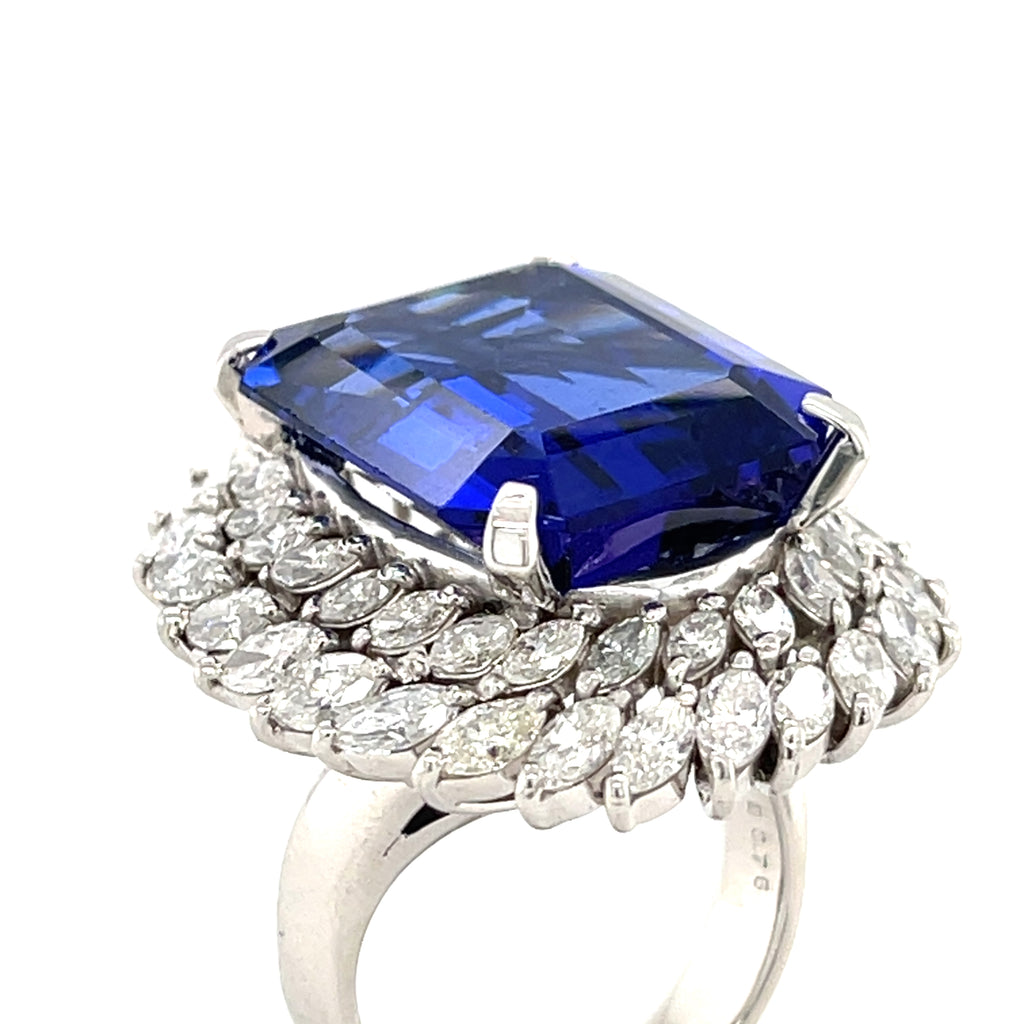 Platinum & 23.01ct Tanzanite Ring w/ 3.76ct Marquise Diamond Double Bezel, Size 6.5