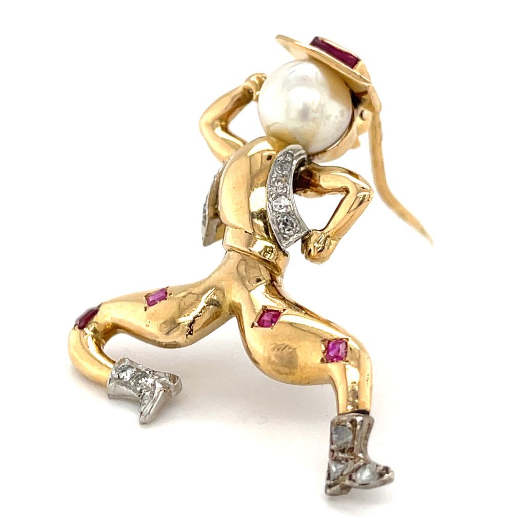 18k Yellow Gold Cowboy Spanish Dancer Brooch w/ Ruby, Pearl, Diamond