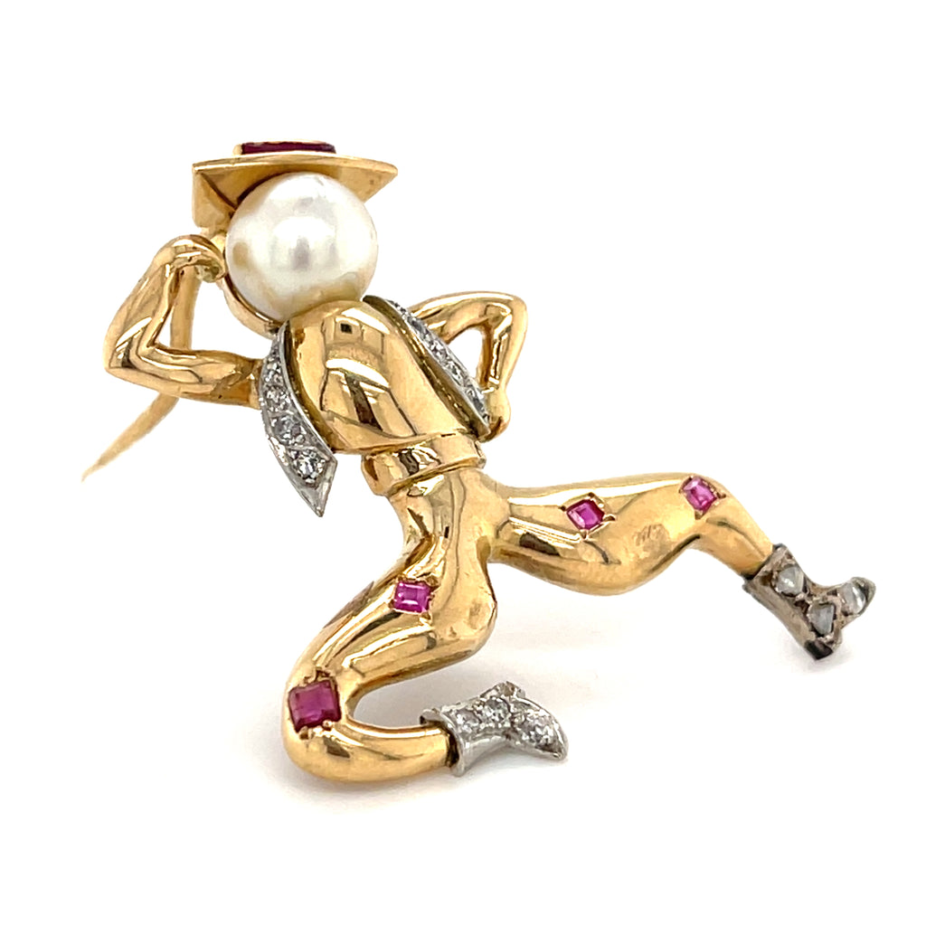 18k Yellow Gold Cowboy Spanish Dancer Brooch w/ Ruby, Pearl, Diamond