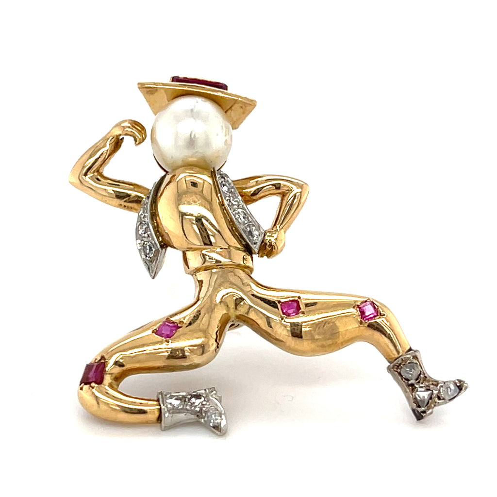 18k Yellow Gold Cowboy Spanish Dancer Brooch w/ Ruby, Pearl, Diamond