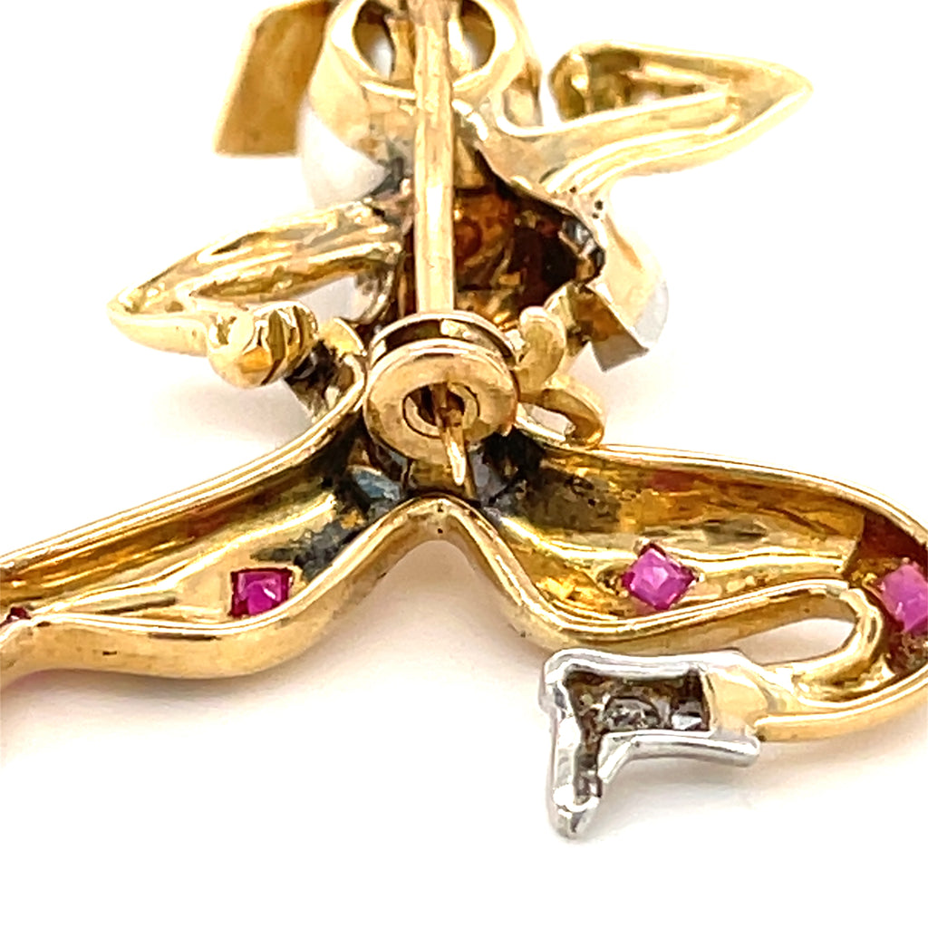18k Yellow Gold Cowboy Spanish Dancer Brooch w/ Ruby, Pearl, Diamond
