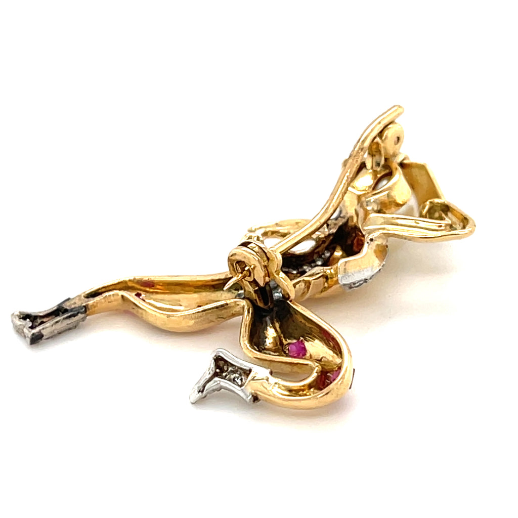 18k Yellow Gold Cowboy Spanish Dancer Brooch w/ Ruby, Pearl, Diamond