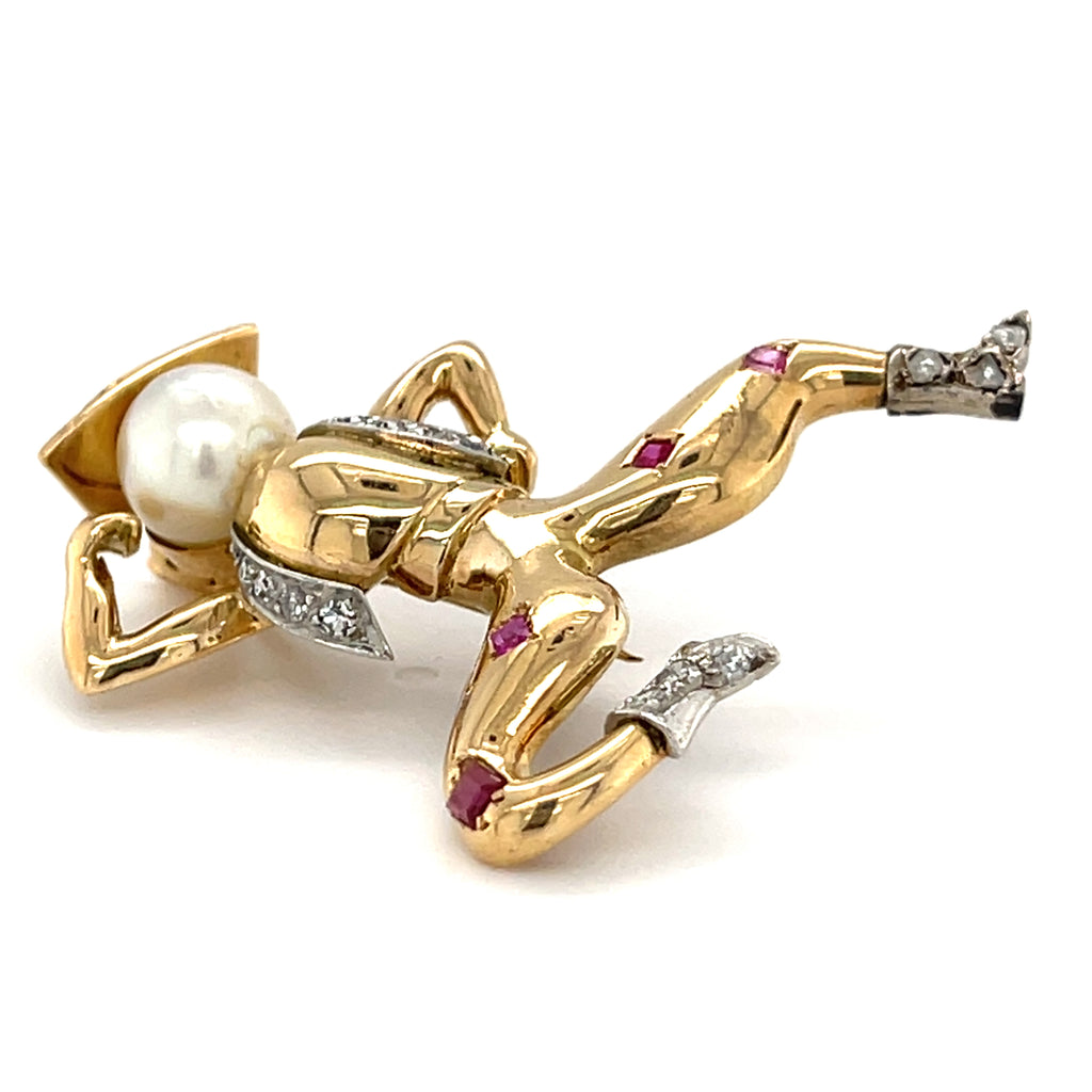 18k Yellow Gold Cowboy Spanish Dancer Brooch w/ Ruby, Pearl, Diamond