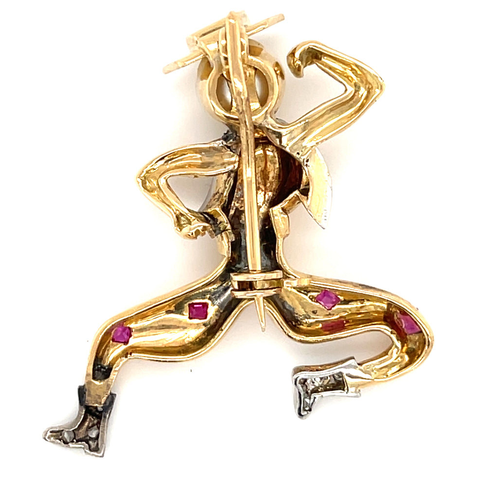 18k Yellow Gold Cowboy Spanish Dancer Brooch w/ Ruby, Pearl, Diamond