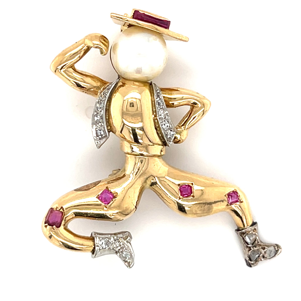 18k Yellow Gold Cowboy Spanish Dancer Brooch w/ Ruby, Pearl, Diamond