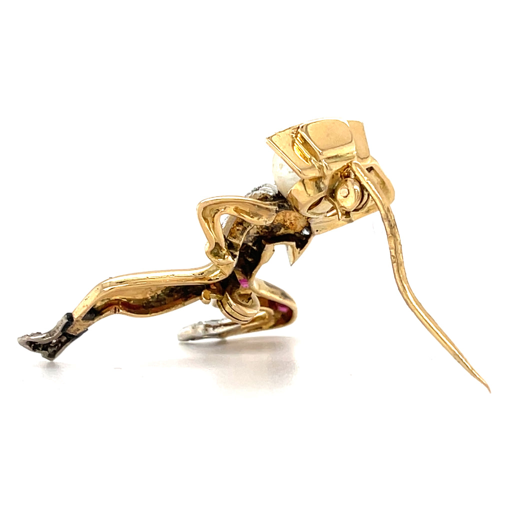 18k Yellow Gold Cowboy Spanish Dancer Brooch w/ Ruby, Pearl, Diamond