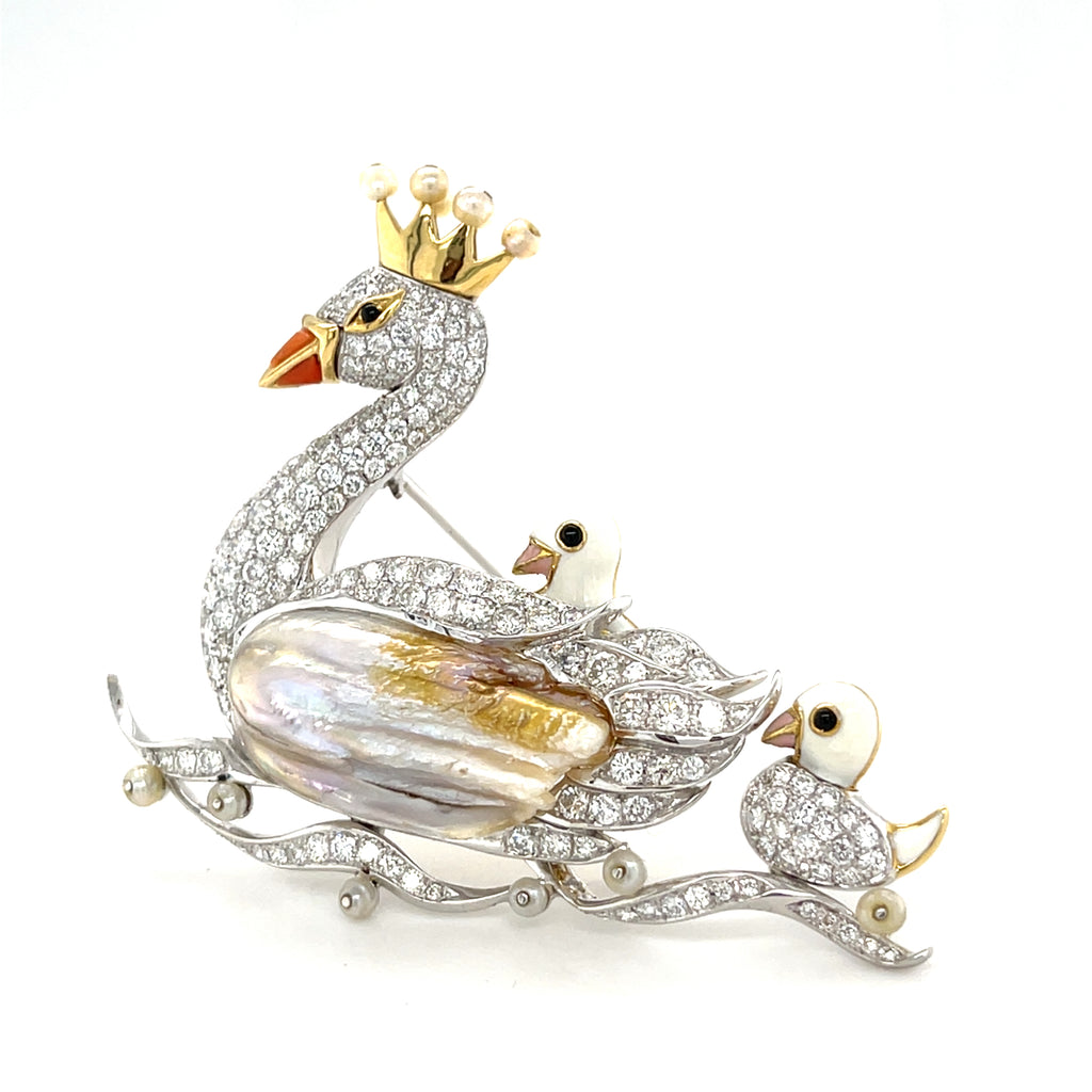 18k Gold & Platinum Swan Family Brooch w/ Freshwater Pearl, Diamond, Enamel