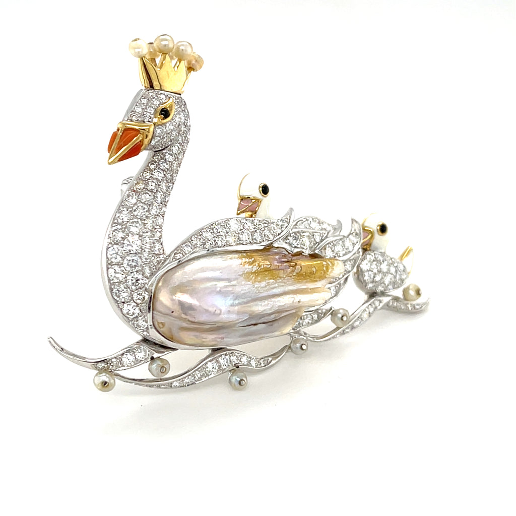 18k Gold & Platinum Swan Family Brooch w/ Freshwater Pearl, Diamond, Enamel