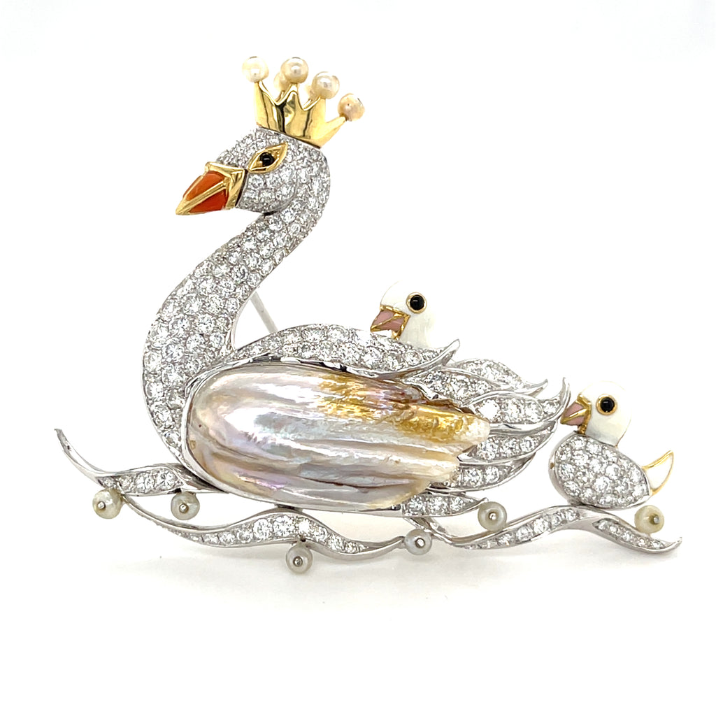 18k Gold & Platinum Swan Family Brooch w/ Freshwater Pearl, Diamond, Enamel