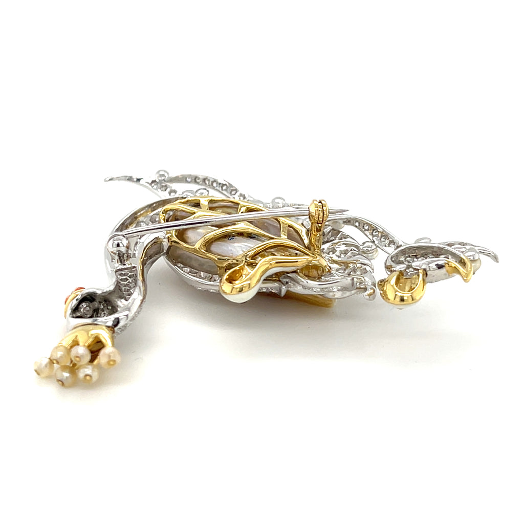 18k Gold & Platinum Swan Family Brooch w/ Freshwater Pearl, Diamond, Enamel