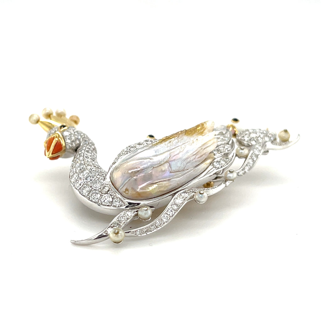 18k Gold & Platinum Swan Family Brooch w/ Freshwater Pearl, Diamond, Enamel