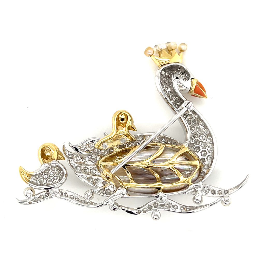 18k Gold & Platinum Swan Family Brooch w/ Freshwater Pearl, Diamond, Enamel