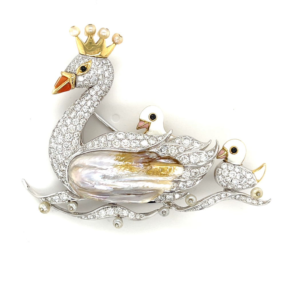 18k Gold & Platinum Swan Family Brooch w/ Freshwater Pearl, Diamond, Enamel