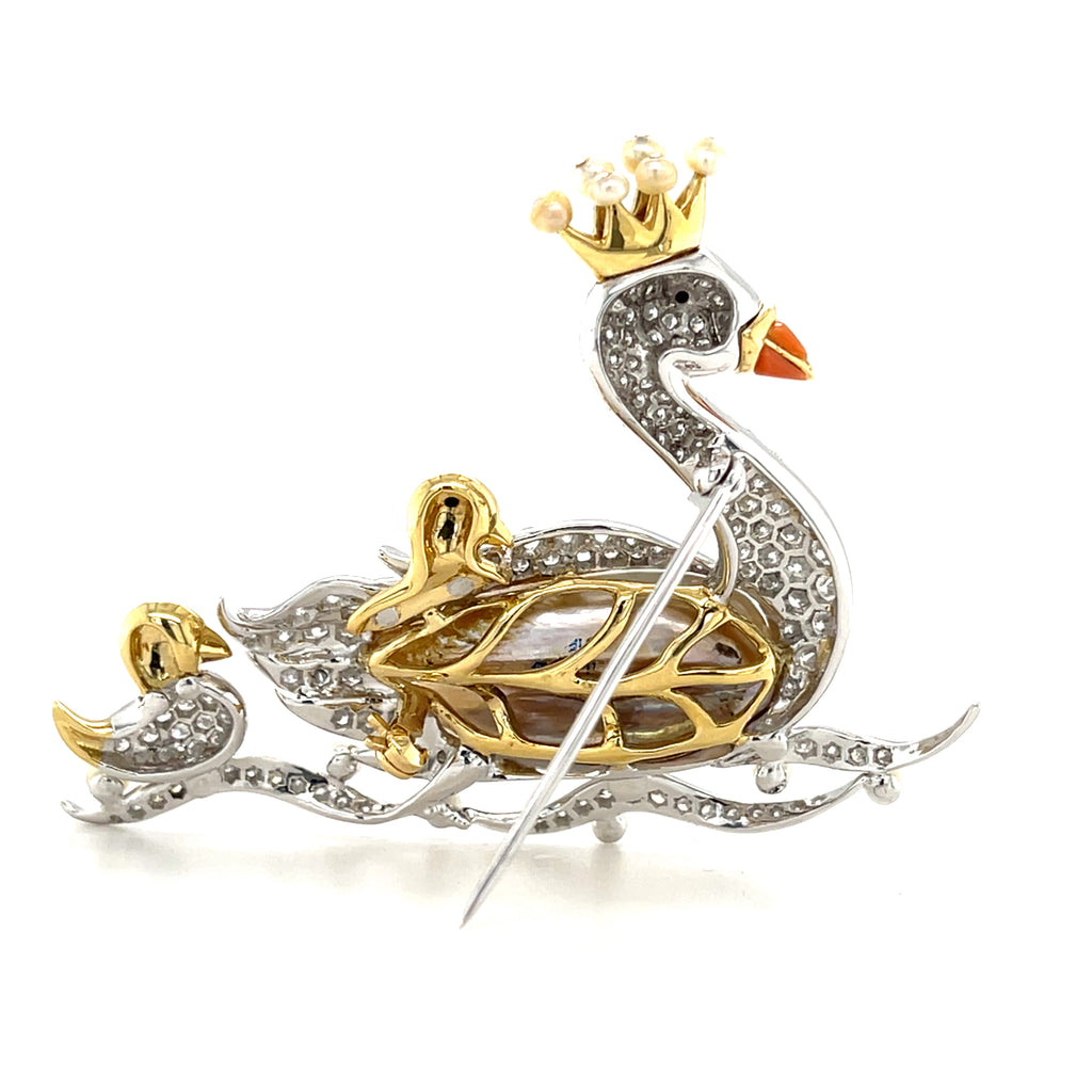 18k Gold & Platinum Swan Family Brooch w/ Freshwater Pearl, Diamond, Enamel
