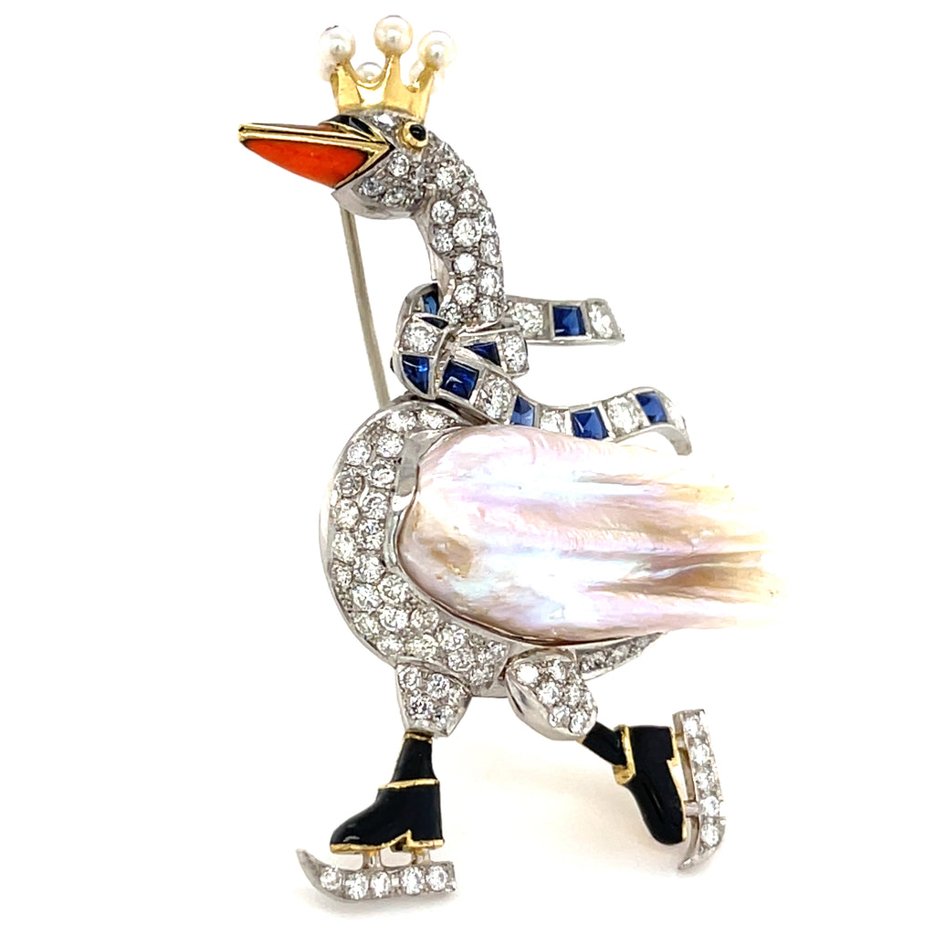 Platinum & 18k Gold Ice Skating Swan Brooch w/ Mississippi River Pearl, Diamond, Sapphire