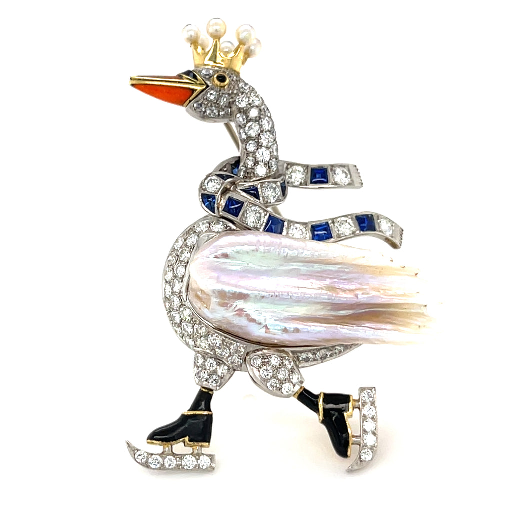 Platinum & 18k Gold Ice Skating Swan Brooch w/ Mississippi River Pearl, Diamond, Sapphire