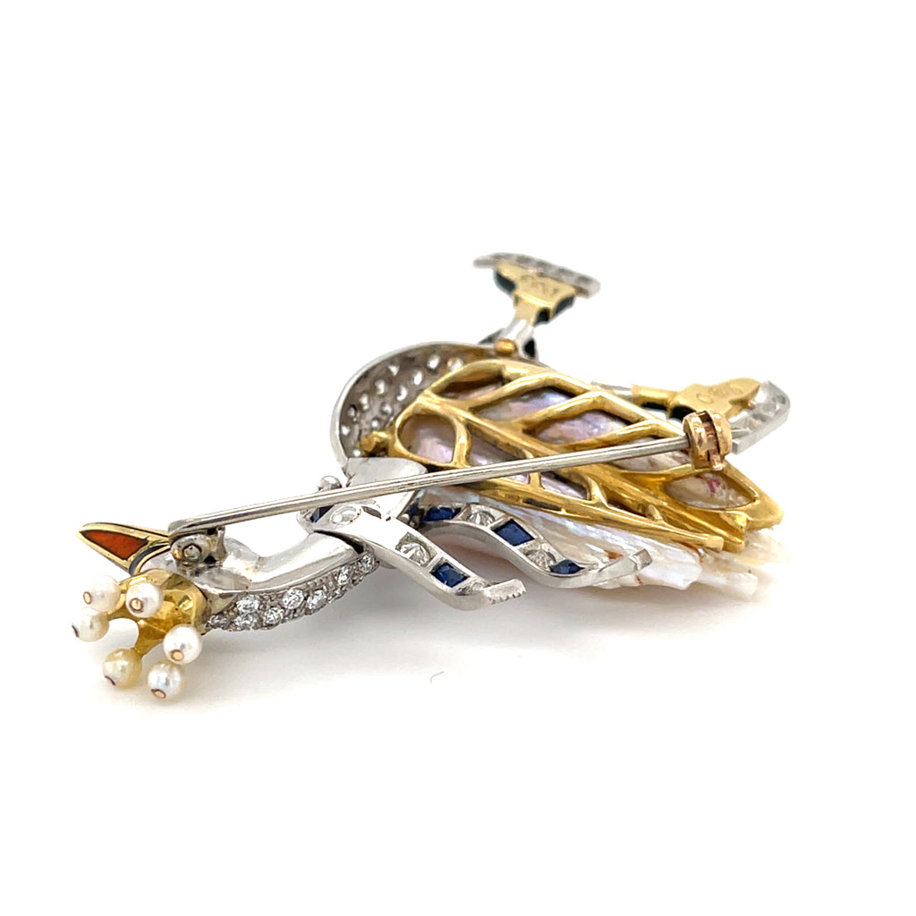 Platinum & 18k Gold Ice Skating Swan Brooch w/ Mississippi River Pearl, Diamond, Sapphire