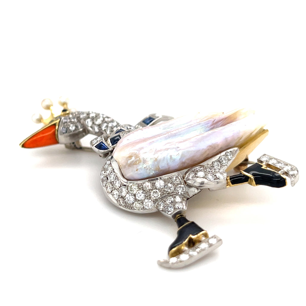 Platinum & 18k Gold Ice Skating Swan Brooch w/ Mississippi River Pearl, Diamond, Sapphire