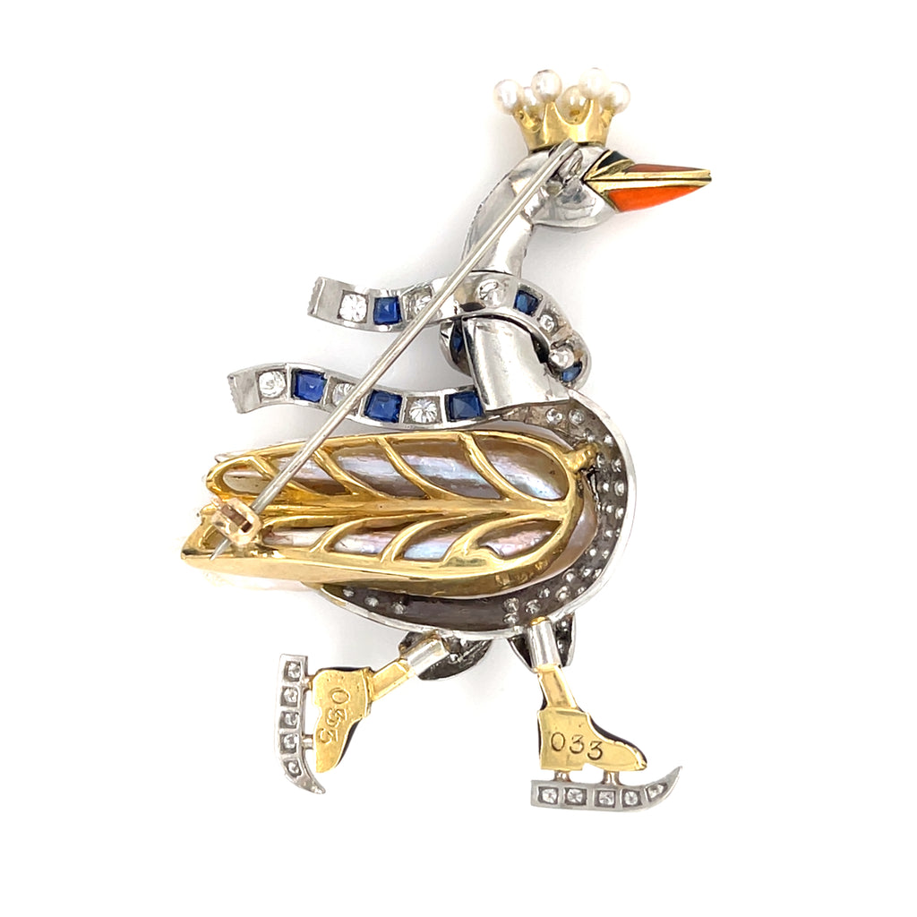 Platinum & 18k Gold Ice Skating Swan Brooch w/ Mississippi River Pearl, Diamond, Sapphire