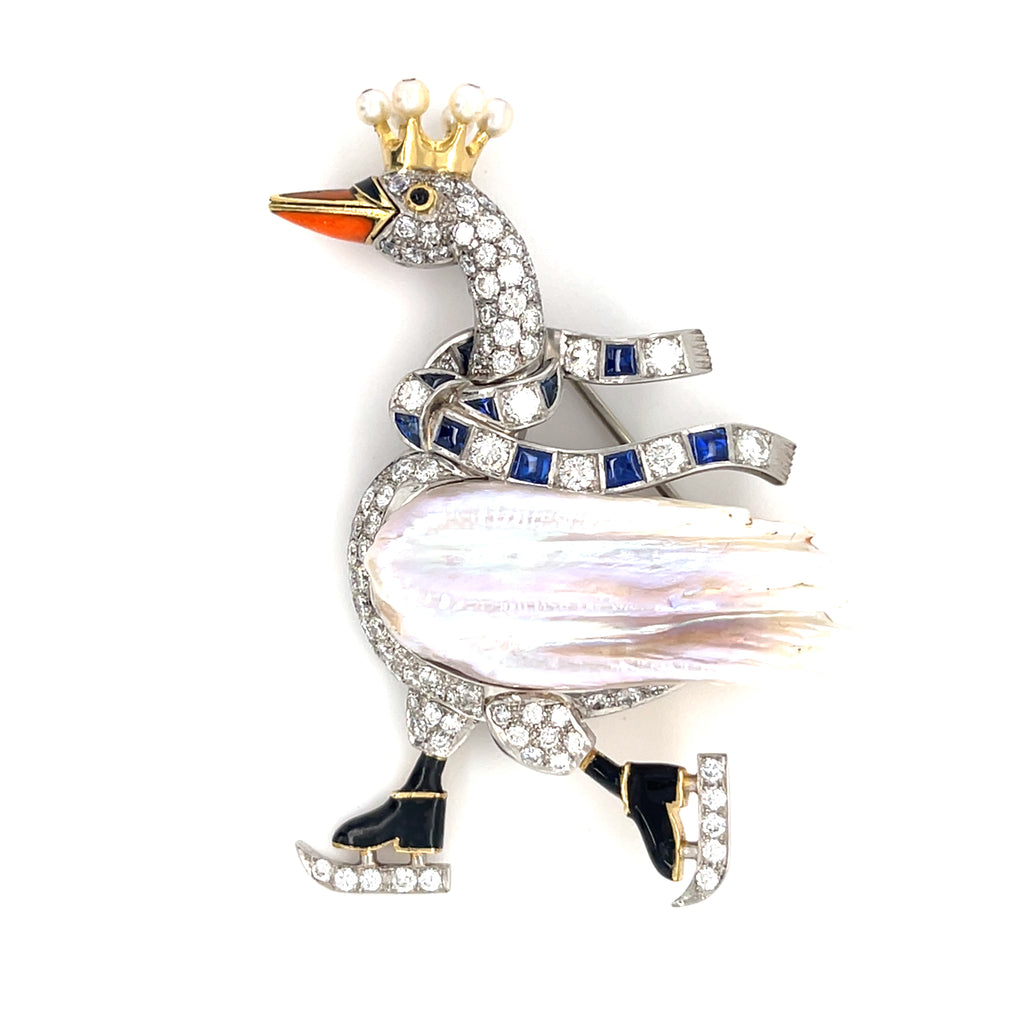 Platinum & 18k Gold Ice Skating Swan Brooch w/ Mississippi River Pearl, Diamond, Sapphire