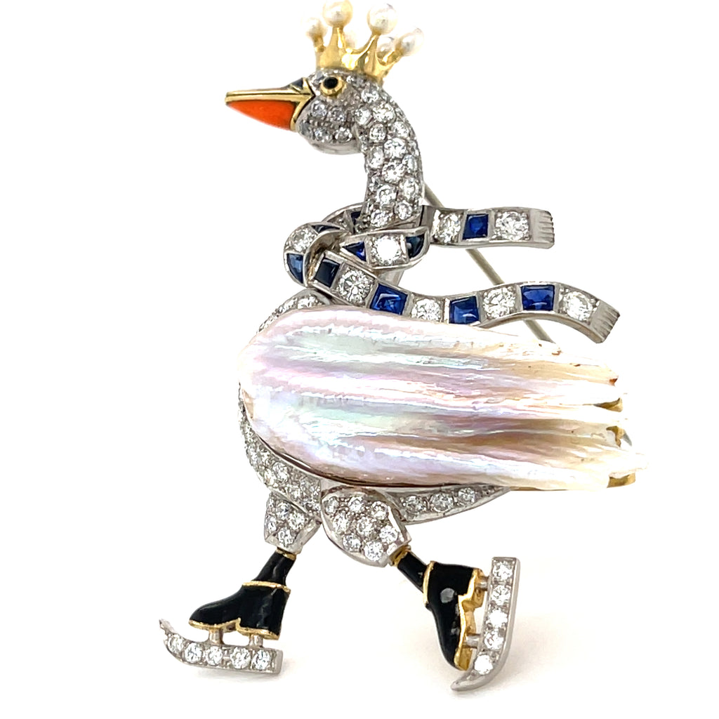 Platinum & 18k Gold Ice Skating Swan Brooch w/ Mississippi River Pearl, Diamond, Sapphire