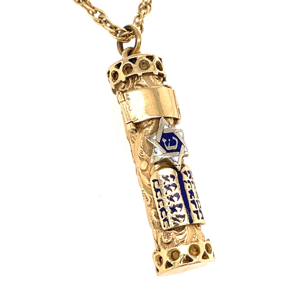 14k Yellow Gold & Blue Enamel Mezuzah Pendant Necklace, Chain Length 30"