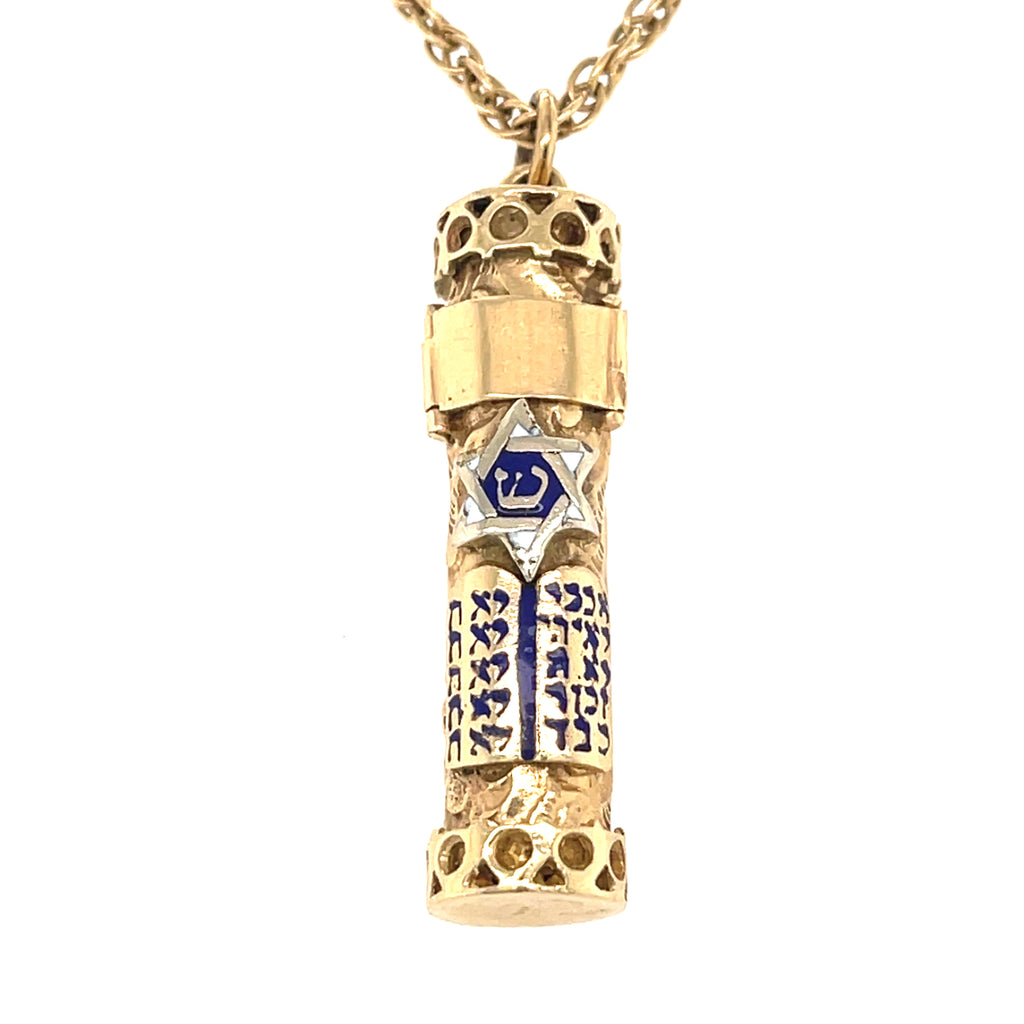 14k Yellow Gold & Blue Enamel Mezuzah Pendant Necklace, Chain Length 30"